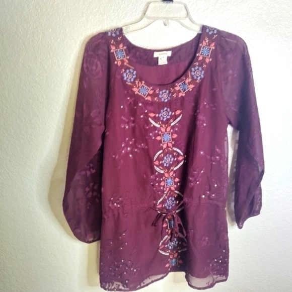 Sundance embroidered embellished drawstring long sleeve blouse sz Xs - Picture 1 of 7
